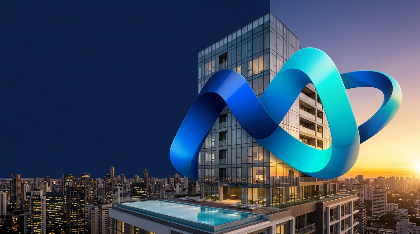 Edifício contemporâneo envolvido pelo símbolo da iMove ao entardecer